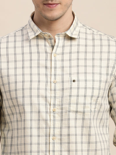 100% Cotton Cream Checkered Slim Fit Full Sleeve Casual Shirt