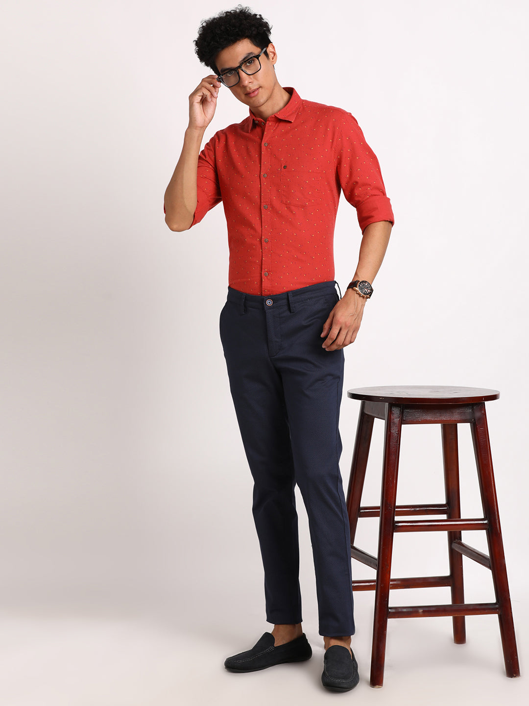 Cotton Blend Red Self Design Slim Fit Full Sleeve Casual Shirt