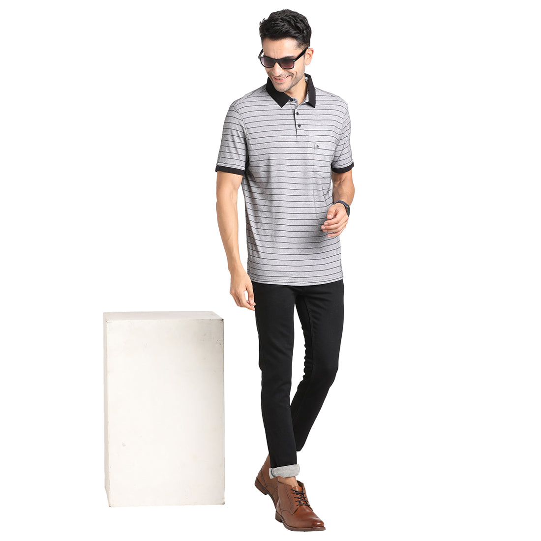 Knitted Grey Striped Polo Neck Half Sleeve Casual T-Shirt