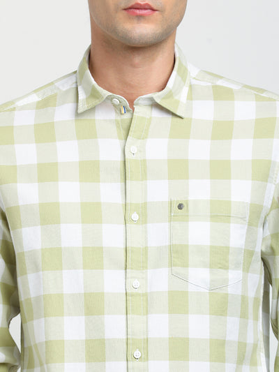 100% Cotton Pista Checkered Slim Fit Full Sleeve Casual Shirt