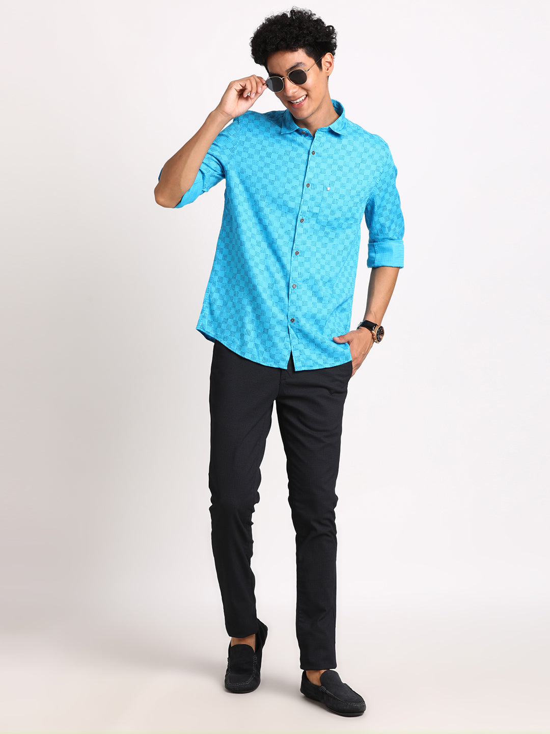 100% Cotton Light Blue Printed Slim Fit Full Sleeve Casual Shirt