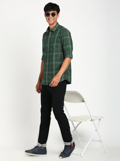 100% Cotton Green Checkered Slim Fit Full Sleeve Casual Shirt