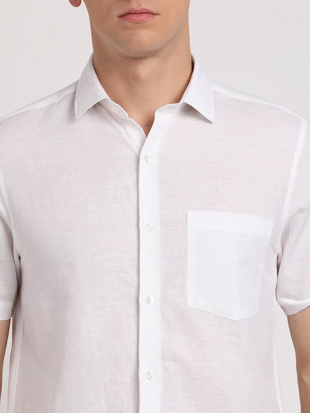 Cotton Linen White Plain Slim Fit Half Sleeve Formal Shirt