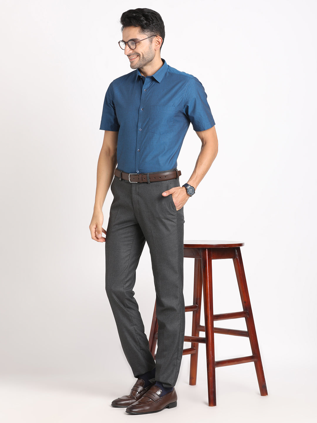 100% Cotton Blue Dobby Regular Fit Half Sleeve Formal Shirt