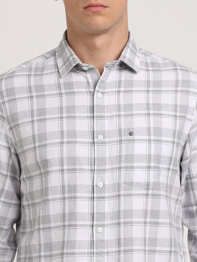 Cotton Melange Grey Checkered Slim Fit Full Sleeve Casual Shirt