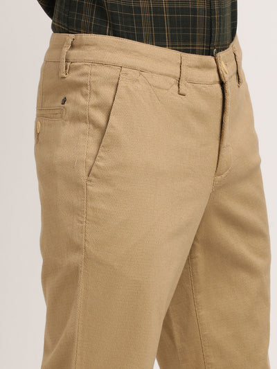 Cotton Stretch Beige Dobby Ultra Slim Fit Flat Front Casual Trouser