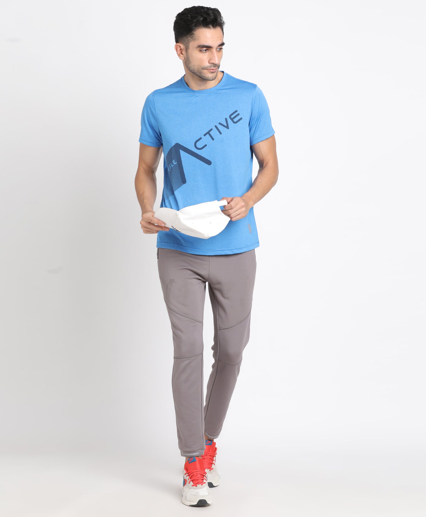 Polyester Blue Printed Crew Neck Half Sleeve Active T-Shirt