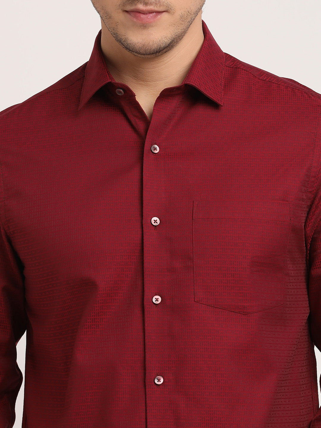 100% Cotton Maroon Dobby Slim Fit Full Sleeve Formal Shirt