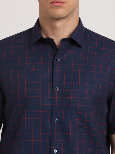 Giza Cotton Navy Blue Checkered Regular Fit Half Sleeve Formal Shirt