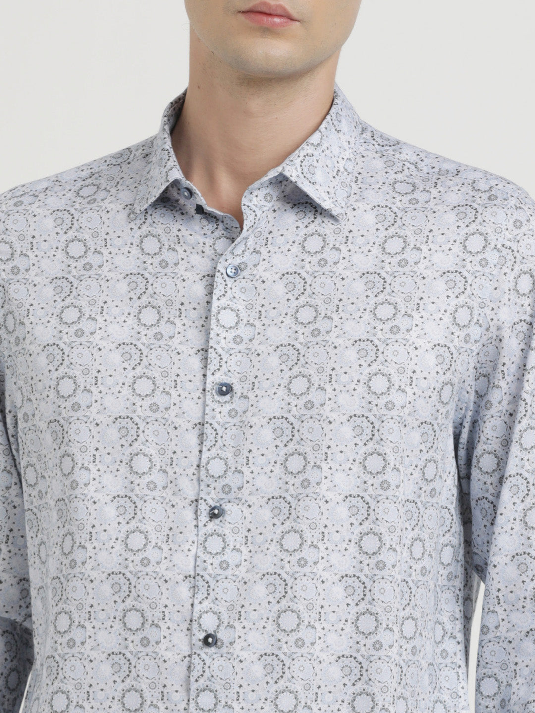 Cotton Tencel Grey Printed Slim Fit Full Sleeve Ceremonial Shirt