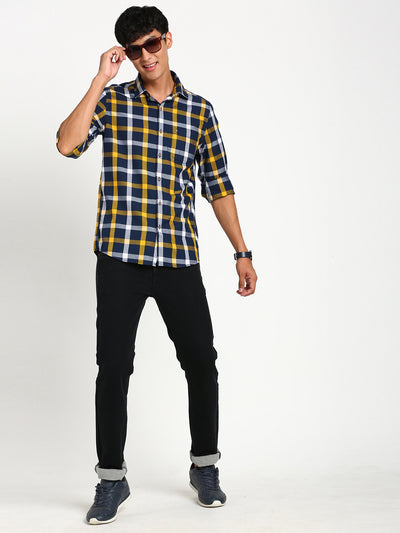 100% Cotton Navy Blue Checkered Slim Fit Full Sleeve Casual Shirt