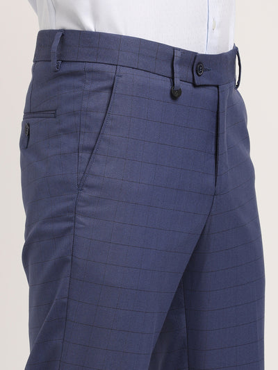 Poly Viscose Blue Checkered Ultra Slim Fit Flat Front Formal Trouser