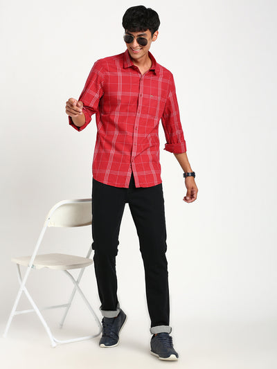 100% Cotton Red Checkered Slim Fit Full Sleeve Casual Shirt