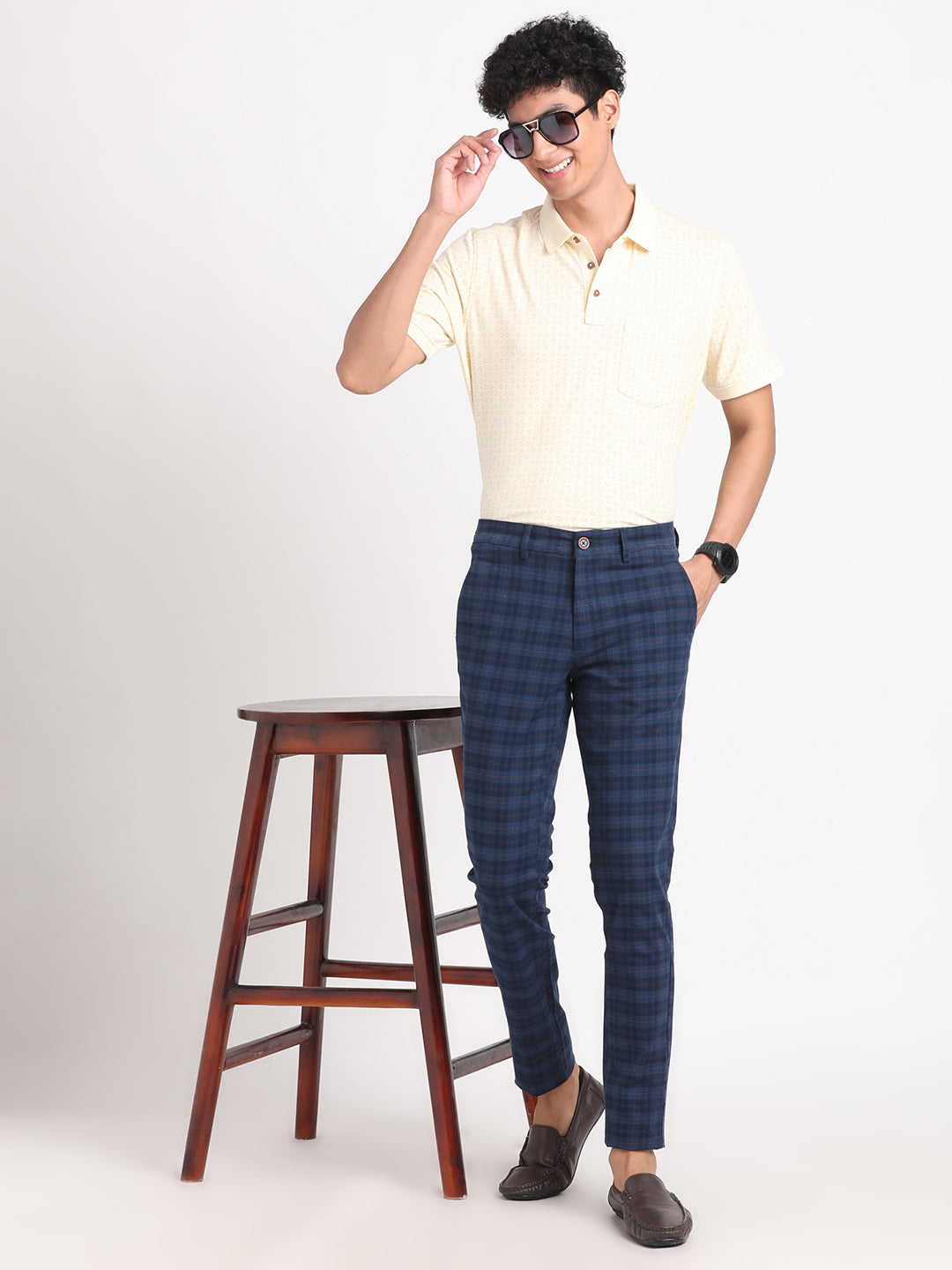 Cotton Stretch Blue Checkered Narrow Fit Flat Front Casual Trouser