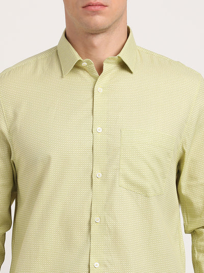 Cotton Tencel Pista Green Printed Slim Fit Full Sleeve Formal Shirt