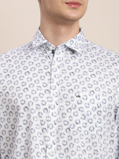 100% Cotton White Printed Slim Fit Full Sleeve Casual Shirt