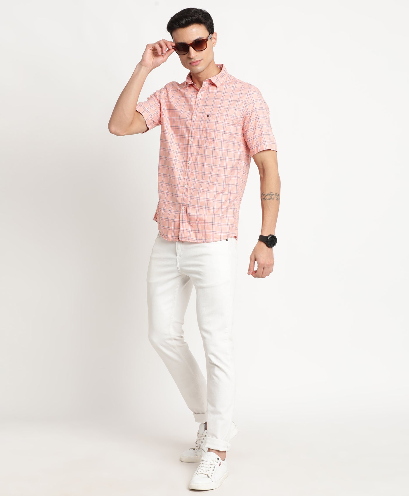 100% Cotton Peach Checkered Slim Fit Half Sleeve Casual Shirt