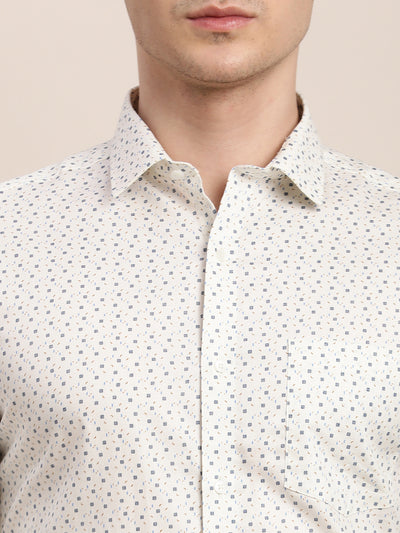 100% Cotton Cream Printed Regular Fit Full Sleeve Formal Shirt