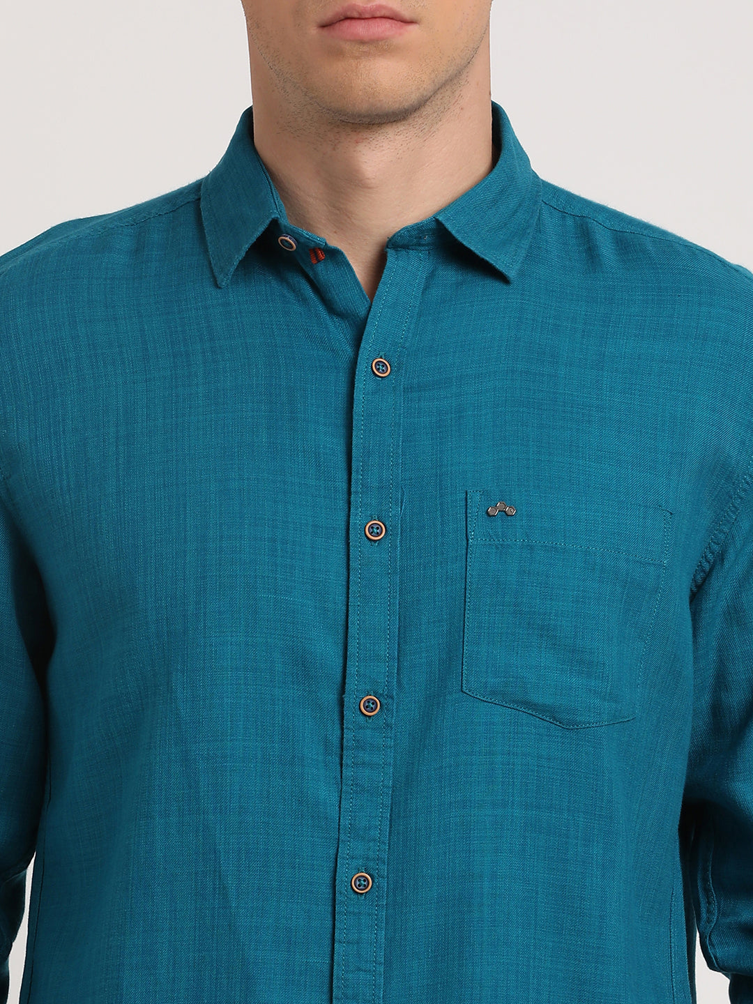 Cotton Lyocell Teal Plain Slim Fit Full Sleeve Casual Shirt