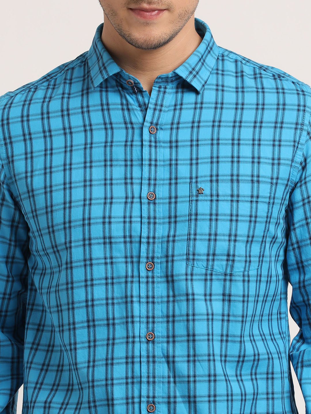 100% Cotton Sky Blue Checkered Slim Fit Full Sleeve Casual Shirt