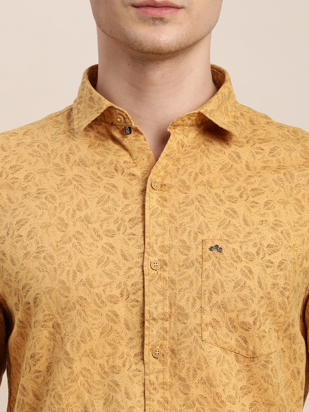 Cotton Linen Yellow Printed Slim Fit Full Sleeve Casual Shirt