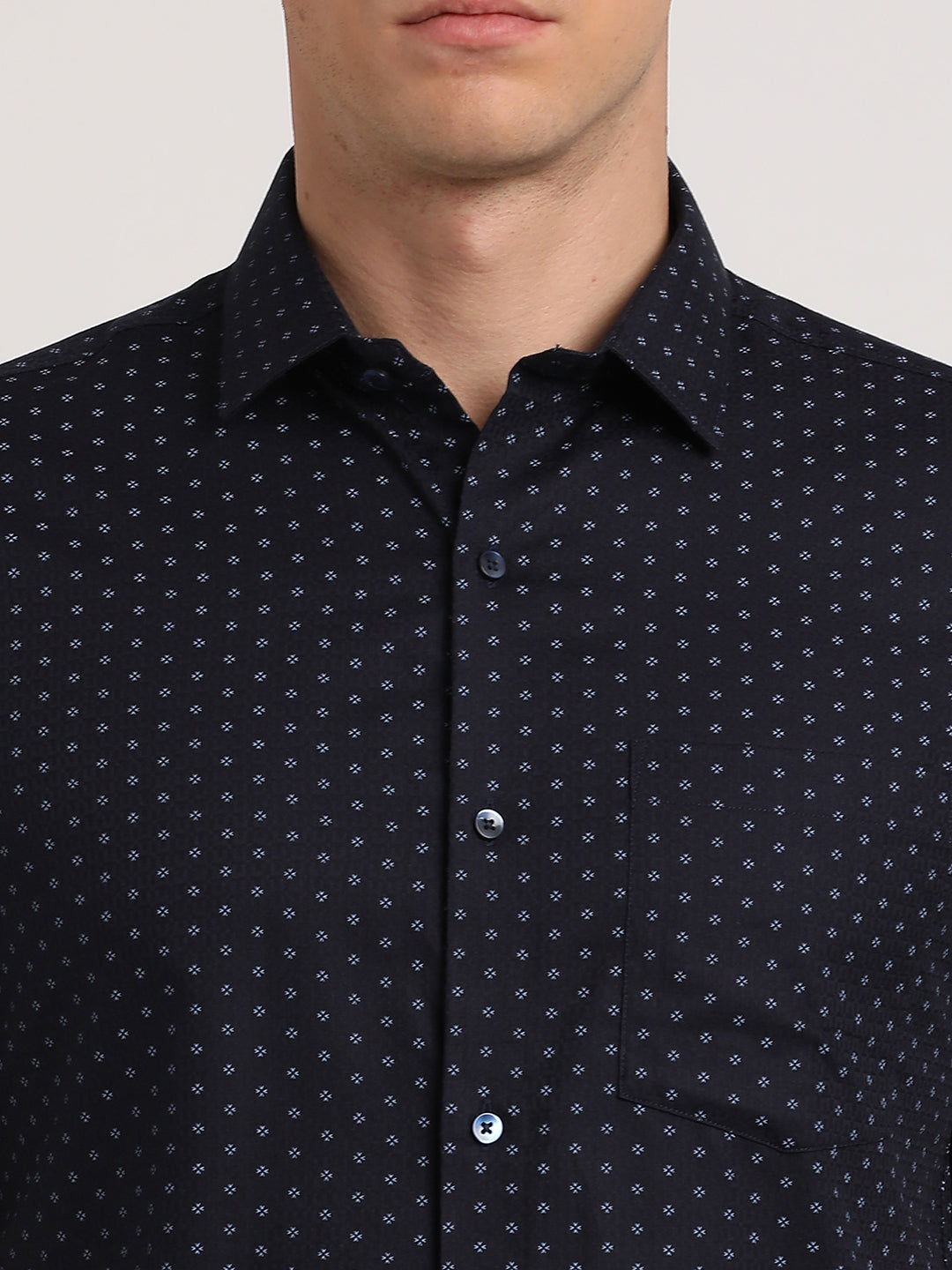 100% Cotton Navy Printed Regular Fit Half Sleeve Formal Shirt