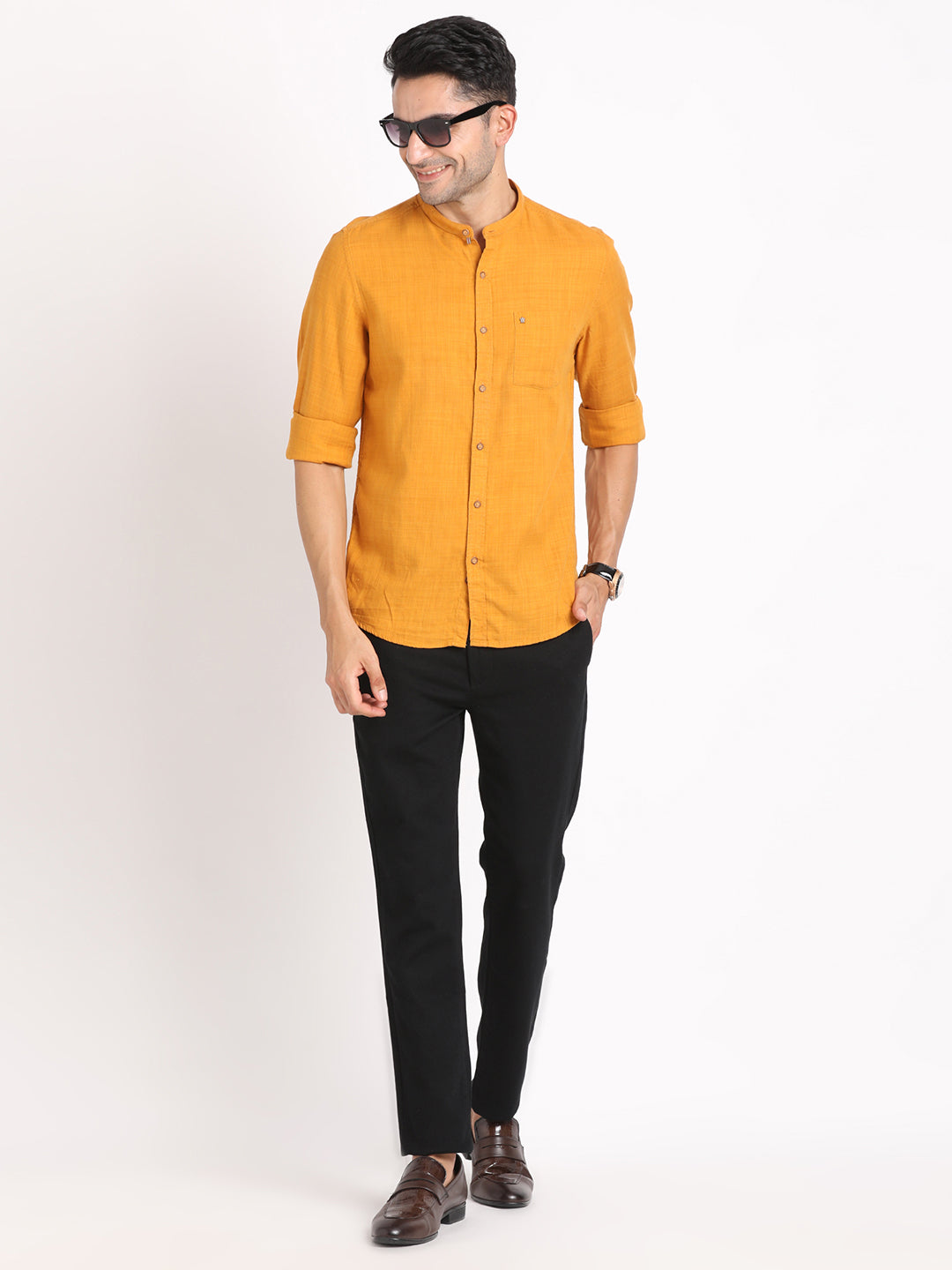 Cotton Lyocell Yellow Plain Slim Fit Full Sleeve Casual Shirt