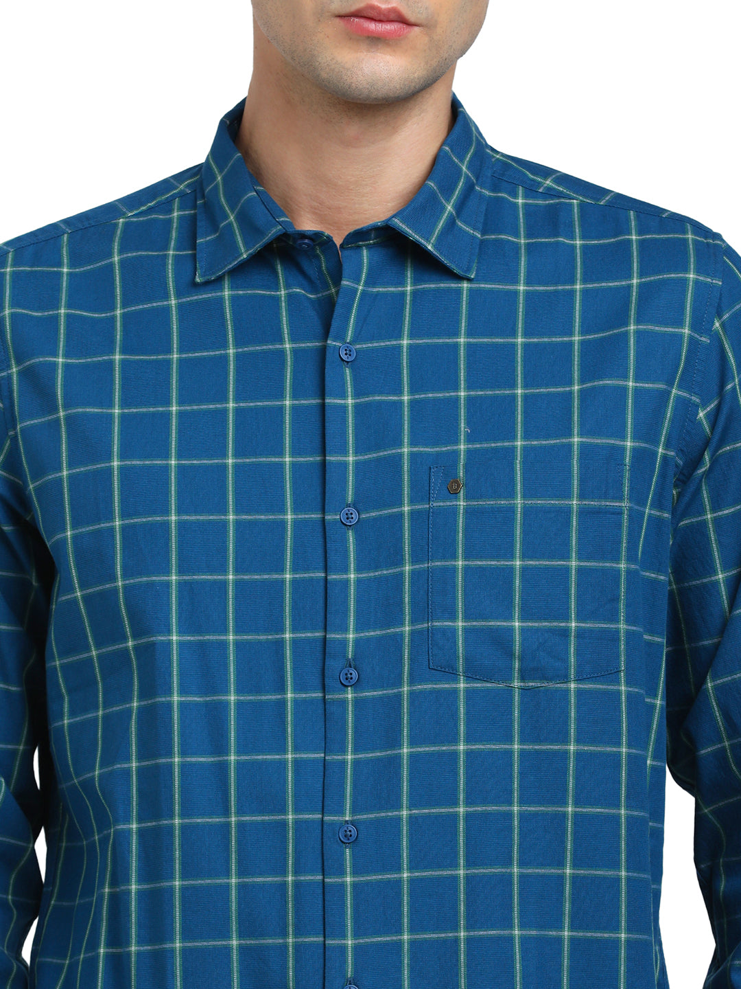 100% Cotton Teal Blue Checkered Slim Fit Full Sleeve Casual Shirt