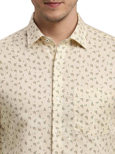 Cotton Linen Cream Printed Slim Fit Full Sleeve Formal Shirt