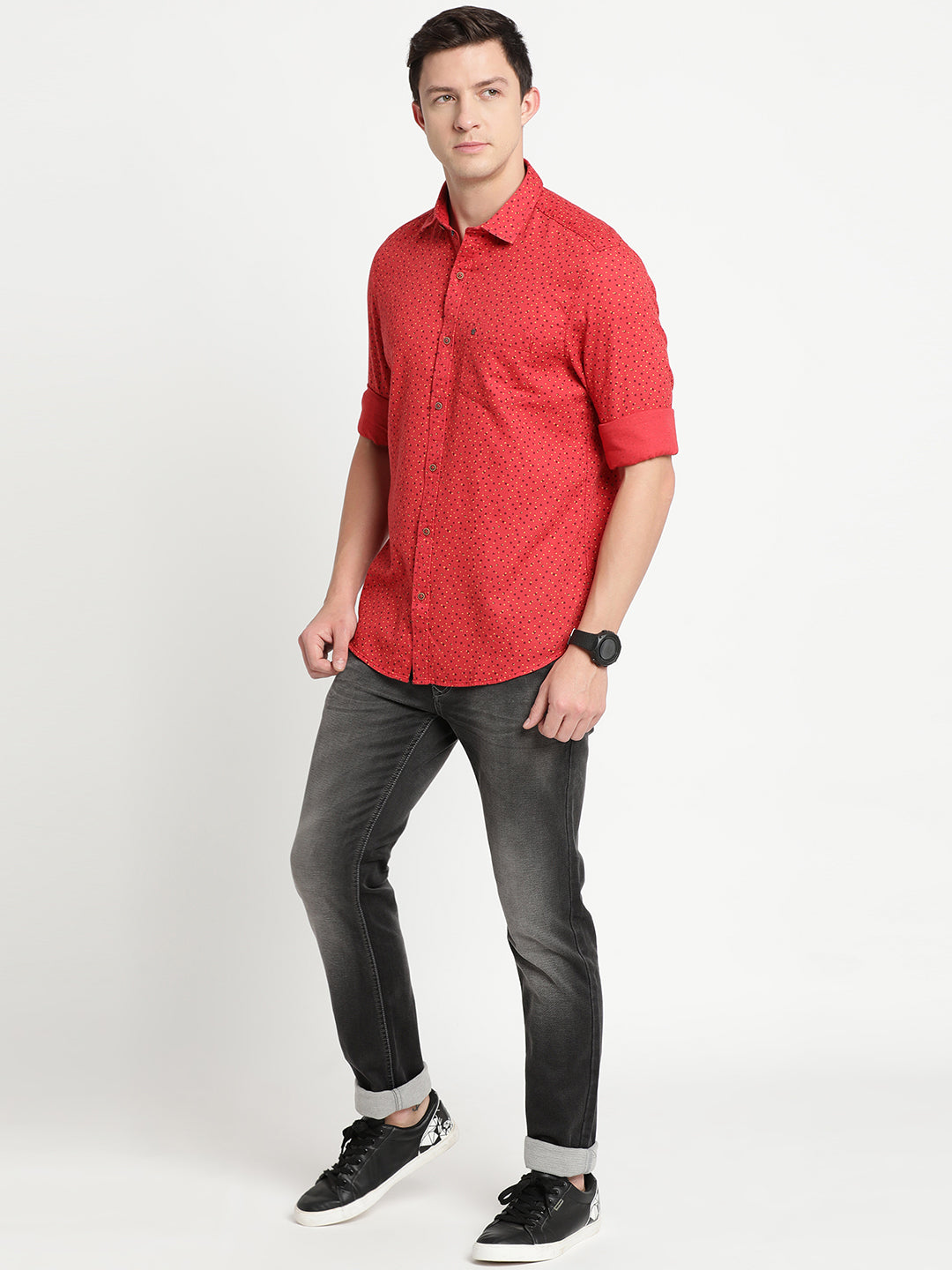 100% Cotton Red Printed Slim Fit Full Sleeve Casual Shirt