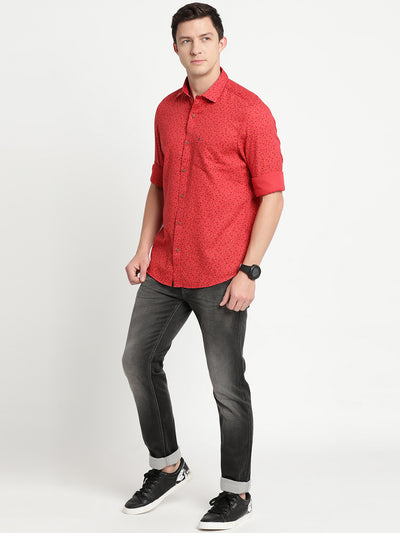 100% Cotton Red Printed Slim Fit Full Sleeve Casual Shirt