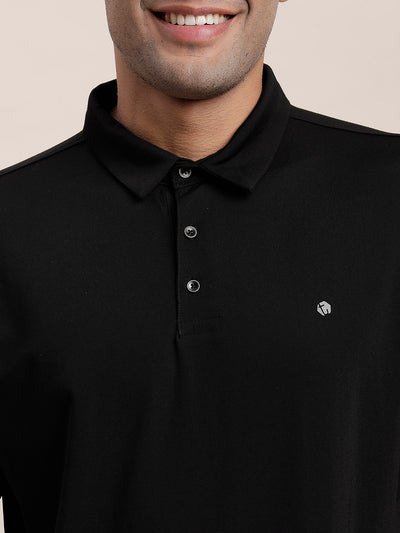 Cotton Plain Black Polo Neck T-Shirt