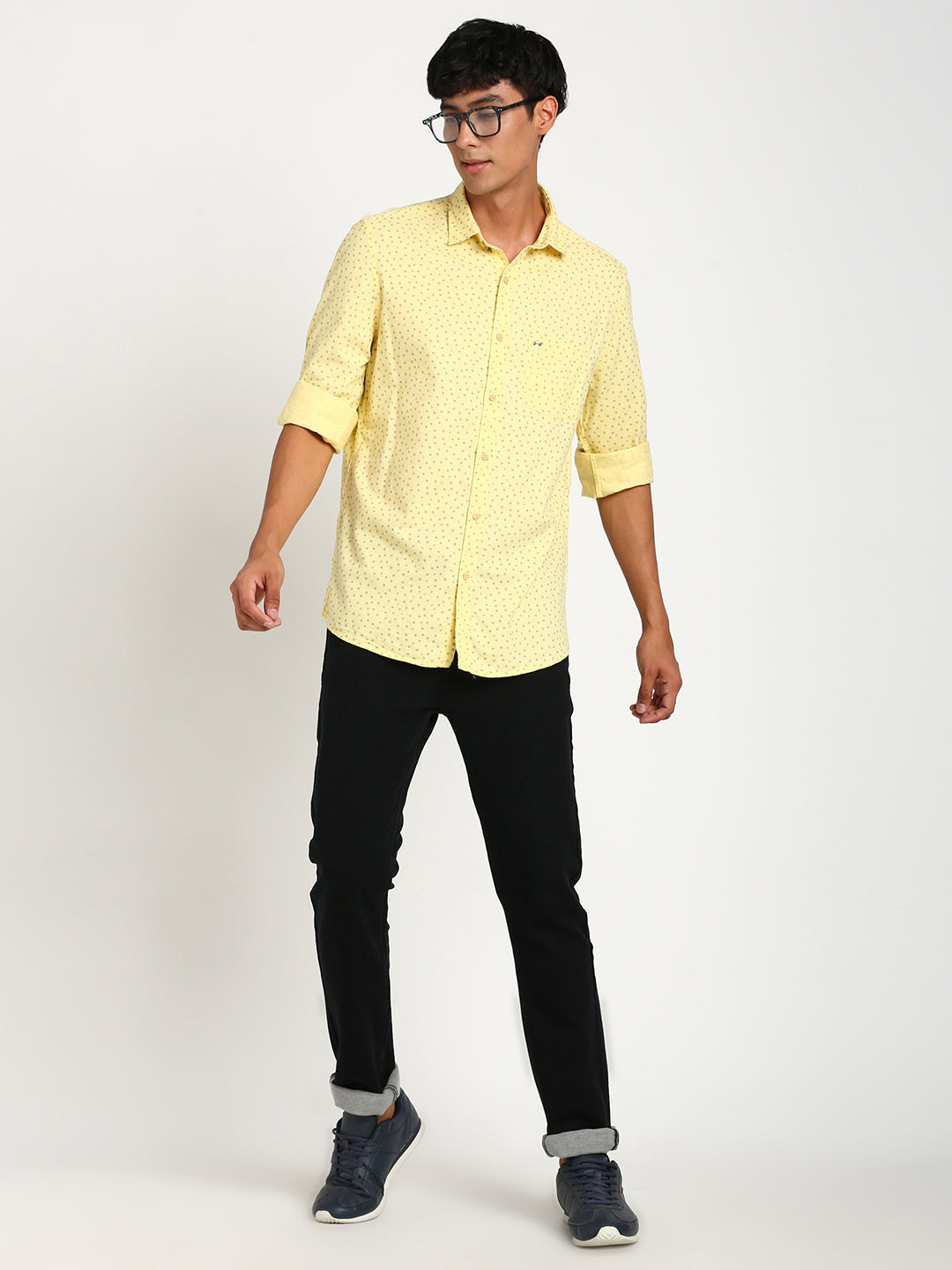 Cotton Tencel Yellow Printed Slim Fit Full Sleeve Casual Shirt