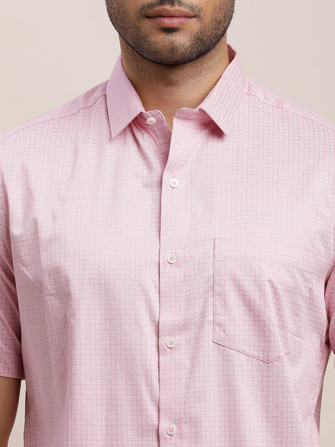 100% Cotton Light Pink Printed Regular Fit Half Sleeve Formal Shirt