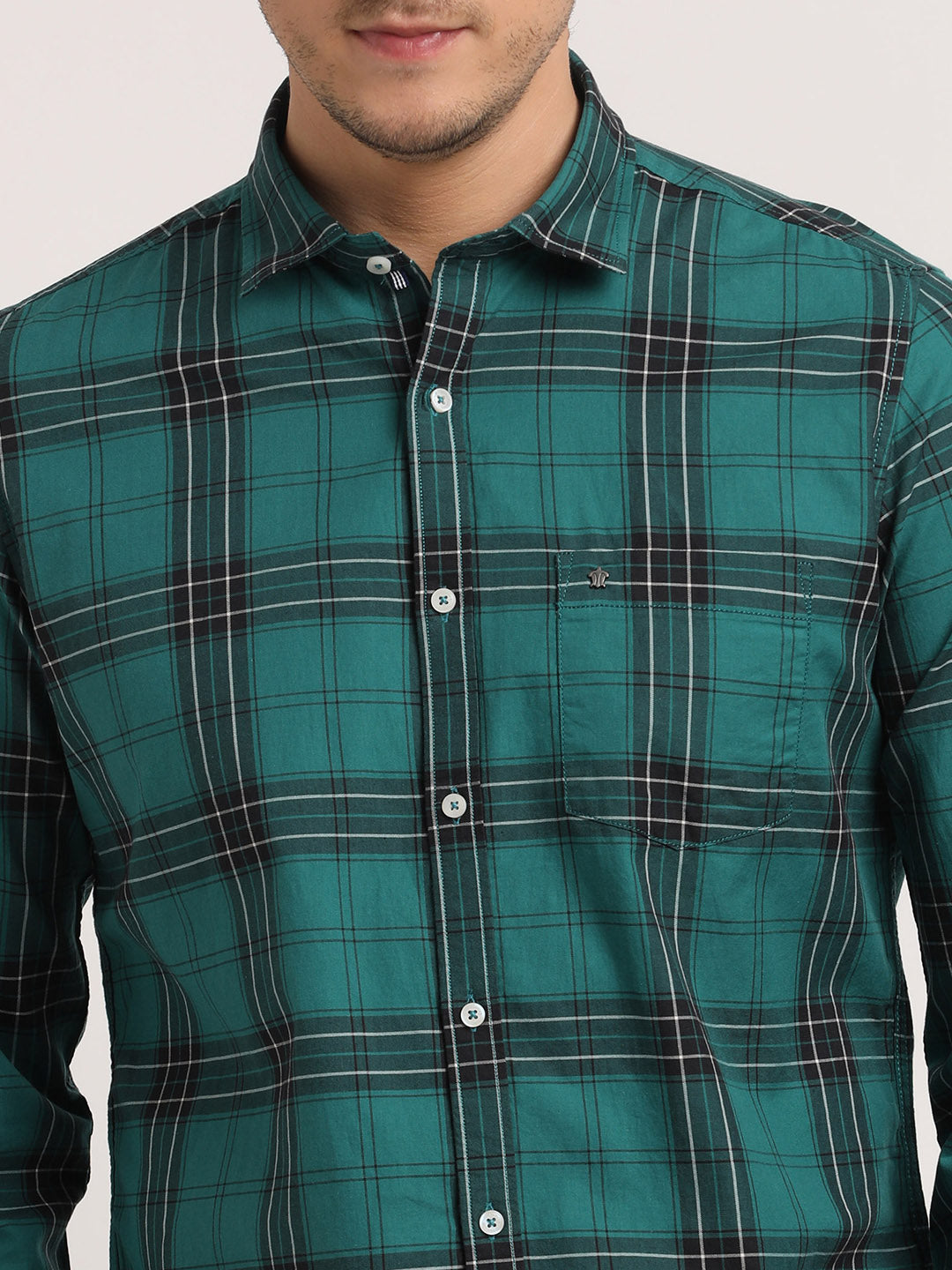 100% Cotton Green Checkered Slim Fit Full Sleeve Casual Shirt