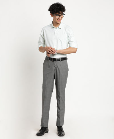 Poly Viscose Grey Checkered Slim Fit Flat Front Formal Trouser