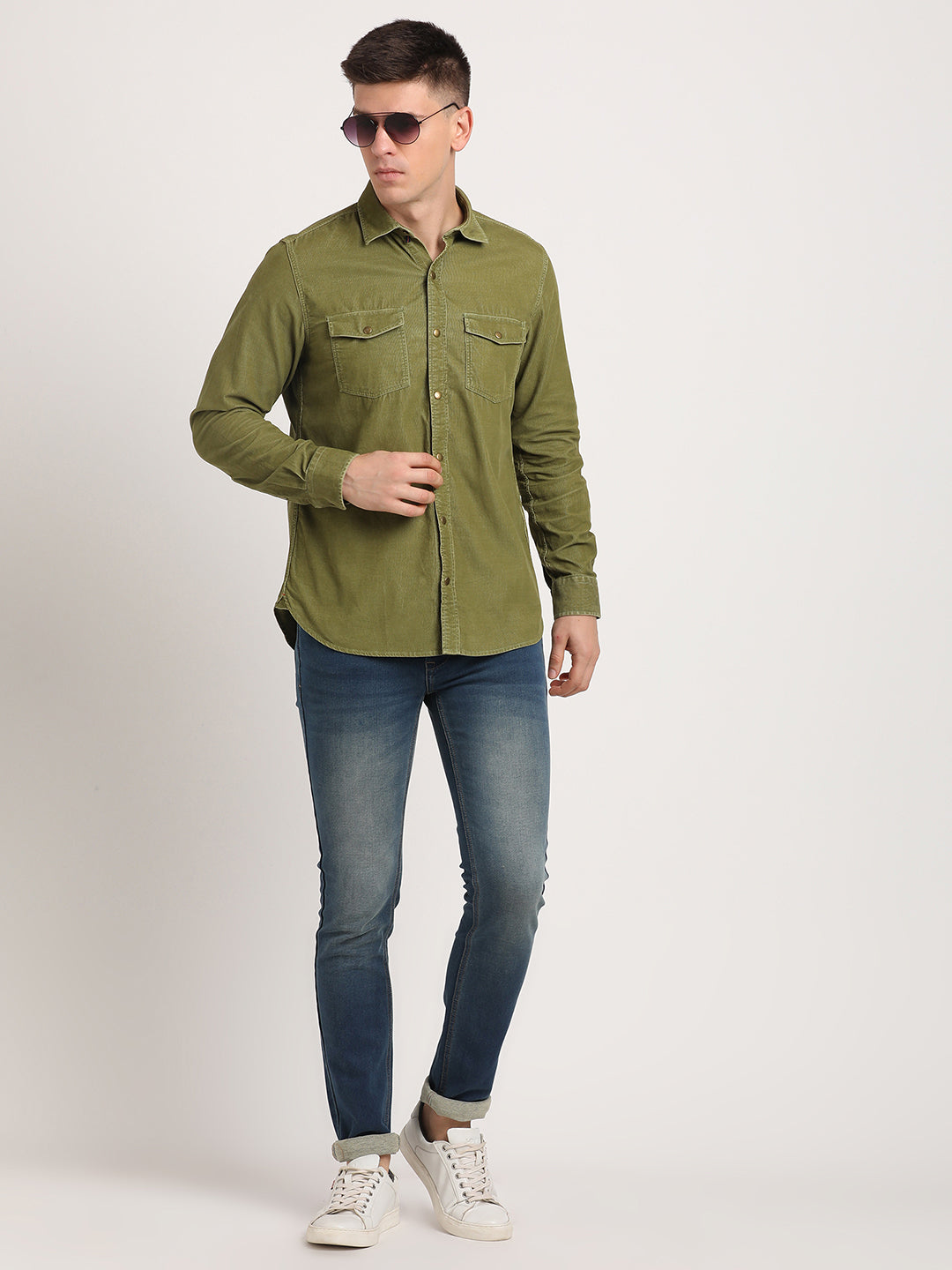 100% Cotton Olive Plain Slim Fit Full Sleeve Casual Shirt