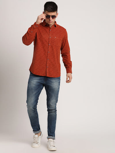 100% Cotton Rust Printed Slim Fit Full Sleeve Casual Shirt