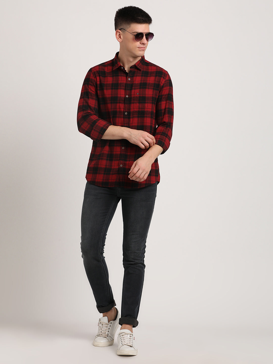 Cotton Lyocell Red Checkered Slim Fit Full Sleeve Casual Shirt