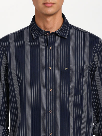 100% Cotton Navy Blue Striped Slim Fit Full Sleeve Casual Shirt