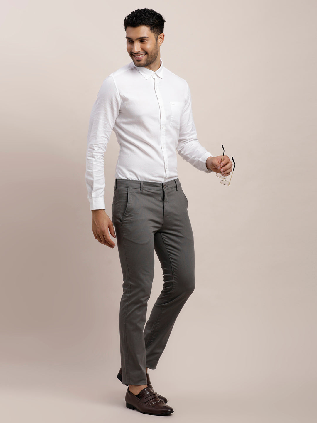 Cotton Stretch No Img Dobby Ultra Slim Fit Flat Front Casual Trouser