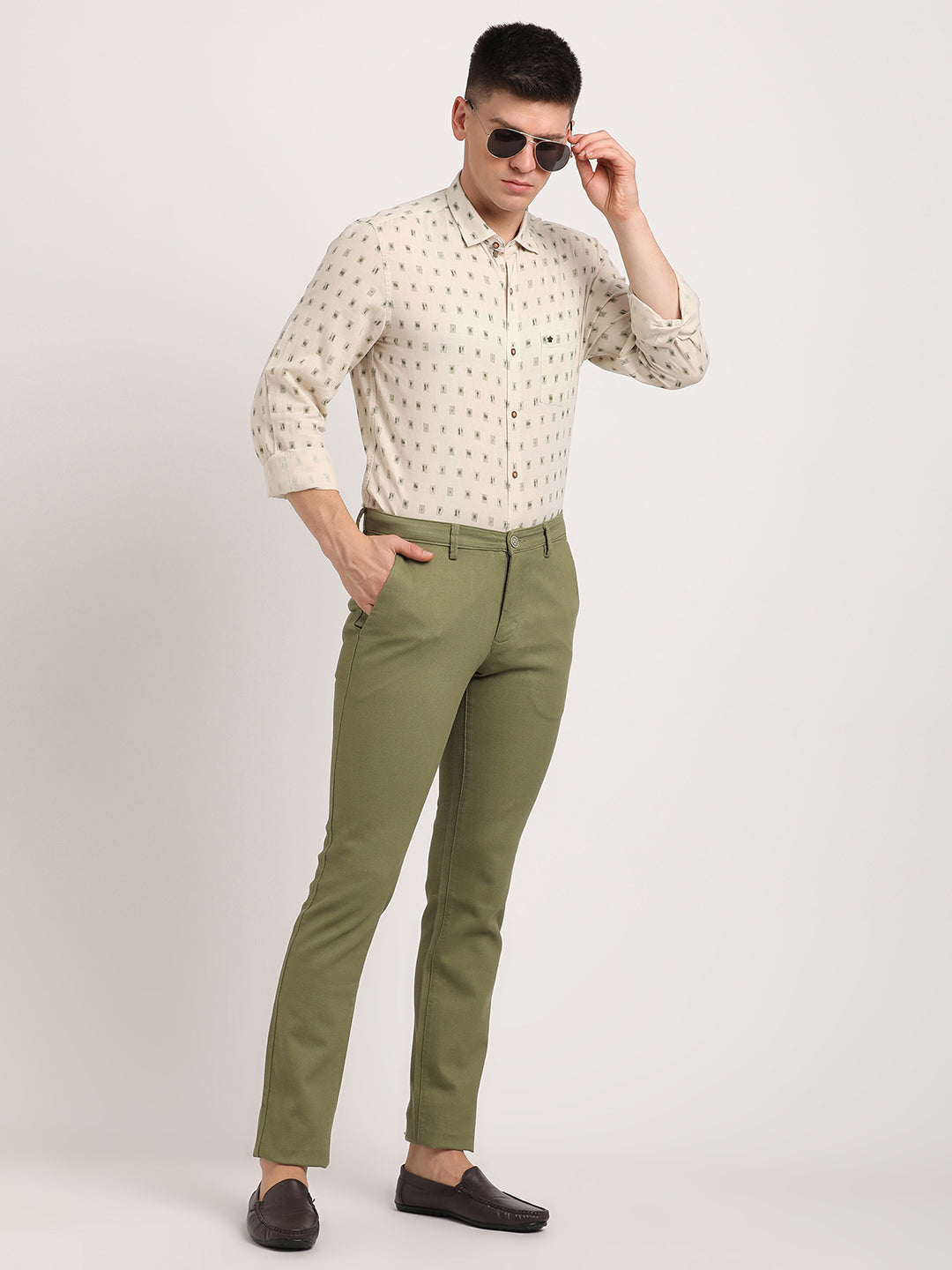 Cotton Stretch Olive Dobby Ultra Slim Fit Flat Front Casual Trouser