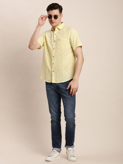 Cotton Linen Beige Printed Slim Fit Half Sleeve Casual Shirt