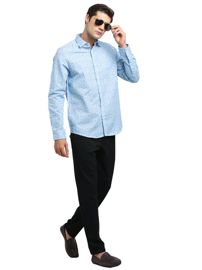 Cotton Linen Blue Printed Slim Fit Full Sleeve Formal Shirt