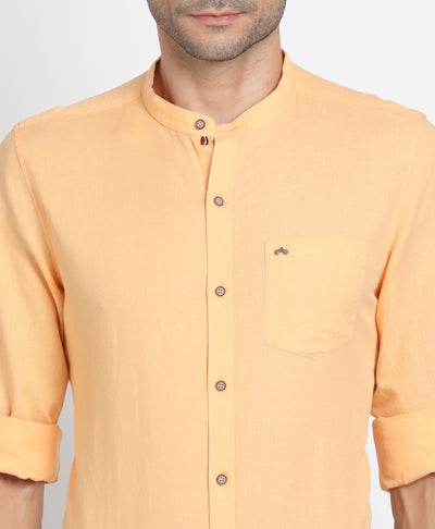 Cotton Linen Yellow Plain Slim Fit Mandarin Collar Casual Shirt