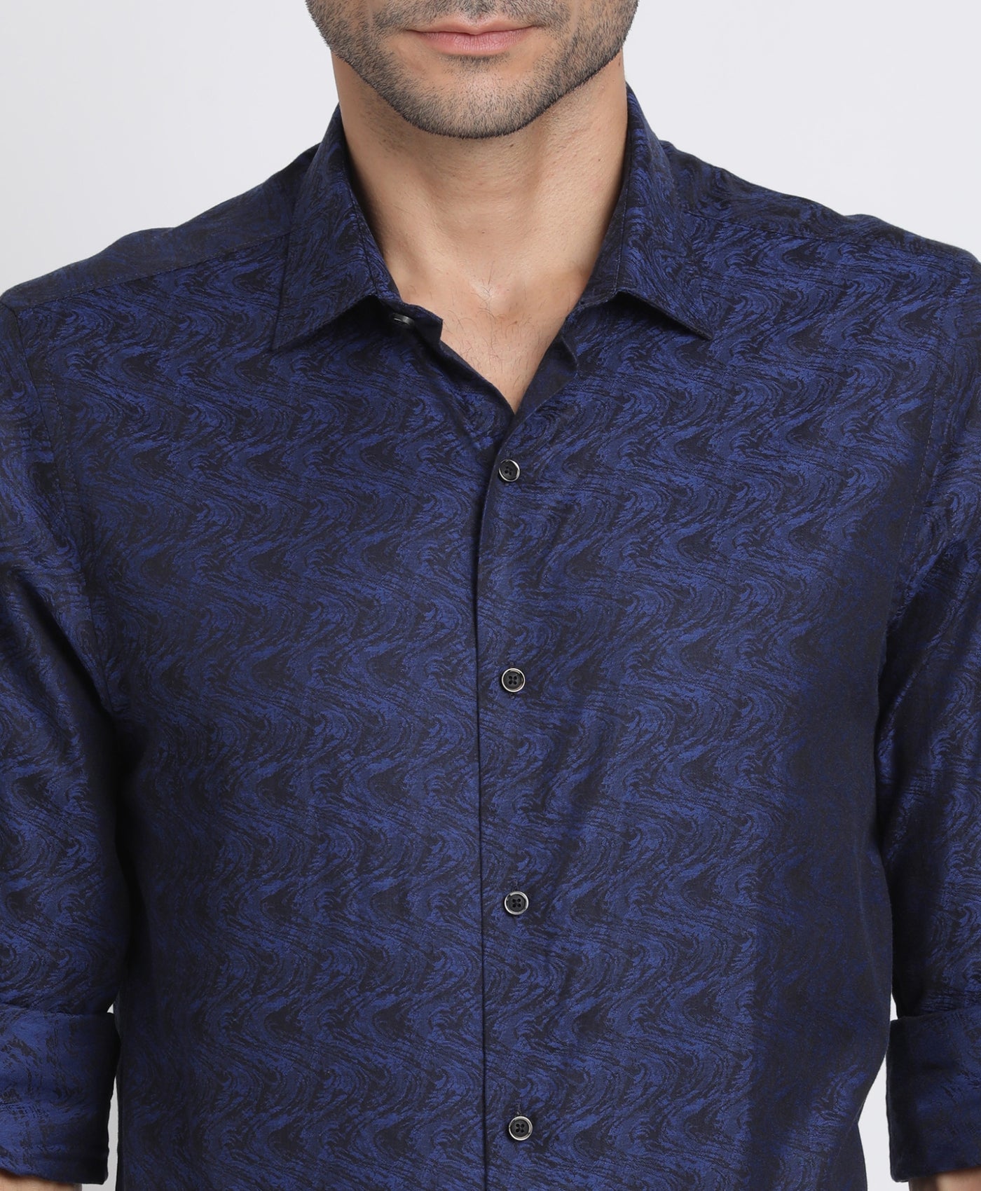 100% Cotton Navy Blue Jacquard Slim Fit Full Sleeve Ceremonial Shirt