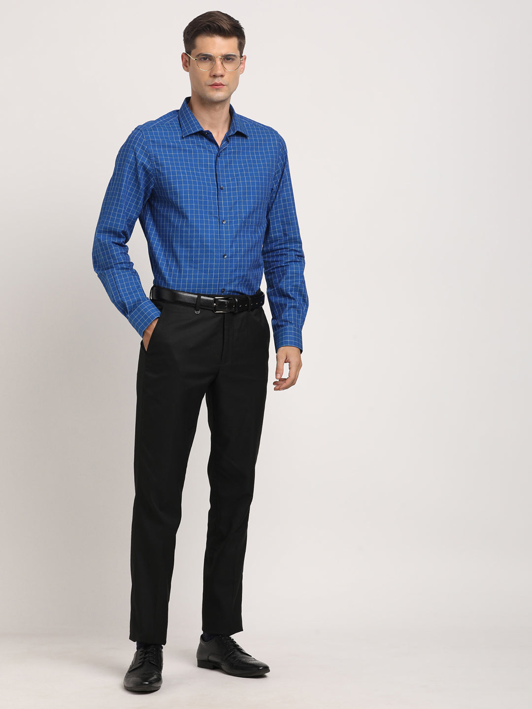 100% Cotton Blue Checkered Slim Fit Full Sleeve Formal Shirt