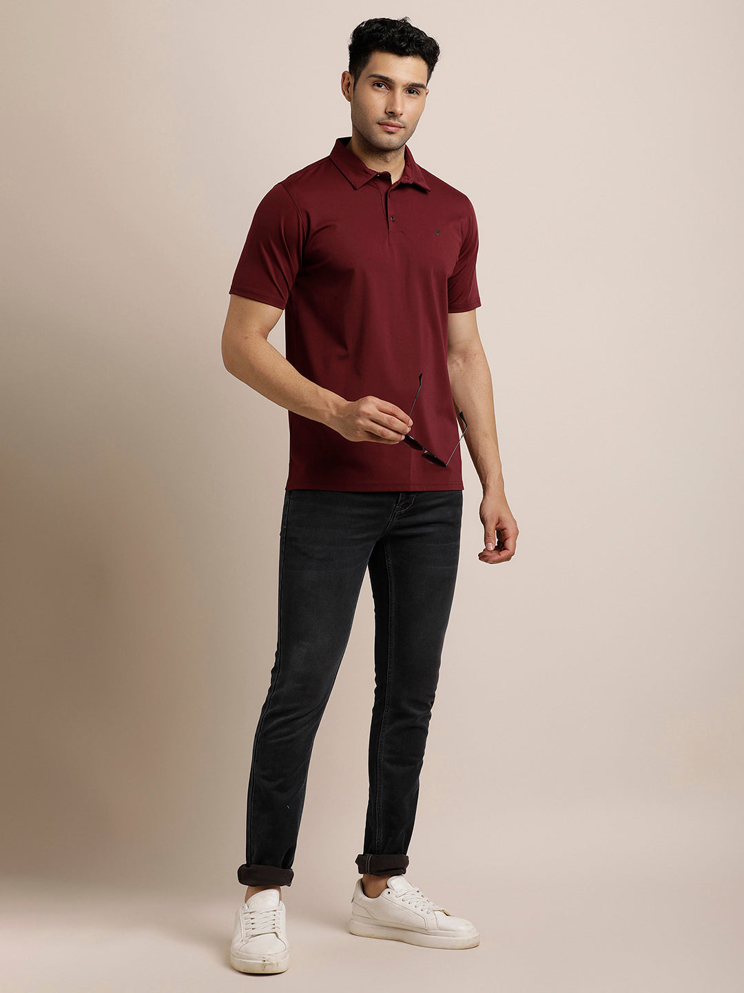 Cotton Plain Maroon Polo Neck T-Shirt