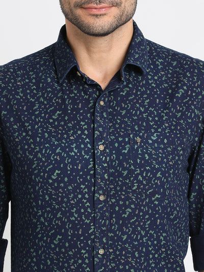 100% Cotton Indigo Navy Blue Printed Slim Fit Full Sleeve Casual Shirt