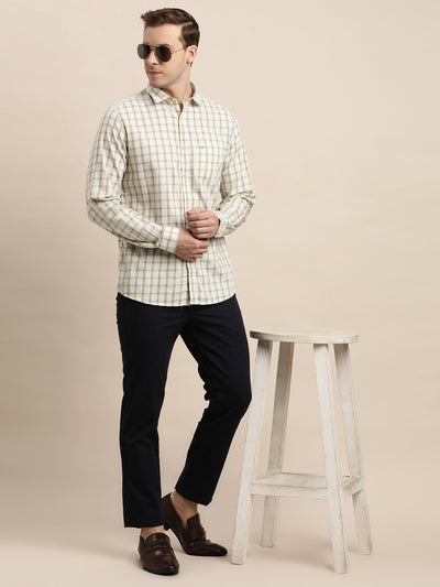 100% Cotton Cream Checkered Slim Fit Full Sleeve Casual Shirt